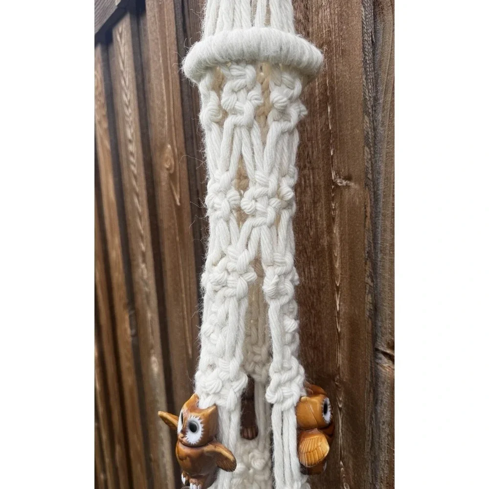 Macrame Cream Plant Hanger Boho 70s Hanging Planter w/ Owl Accents 58